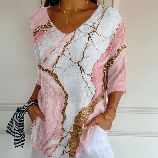 Leela | Casual Marble Print V-Neck T-Shirt