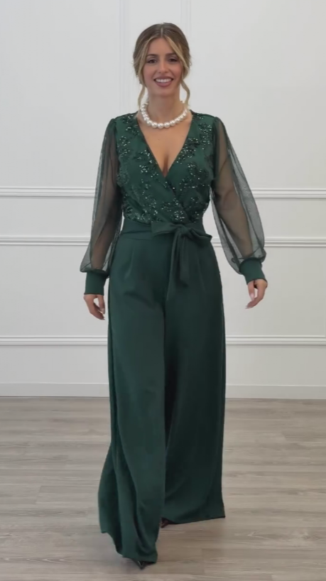 Meira - Mesh Sleeve Embellished Wide Leg Jumpsuit