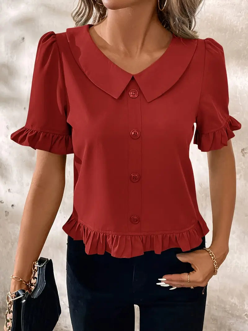 Foteini - Short Sleeve Ruffle Hem Button Blouse
