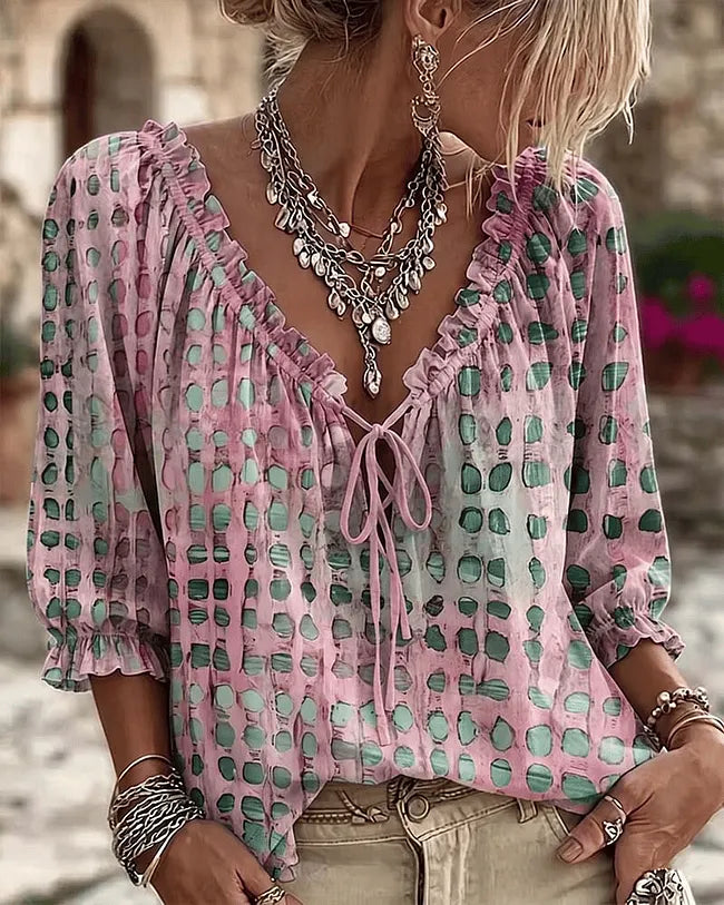 Orlyna | Polka Dot Lace Up V Neck Blouse