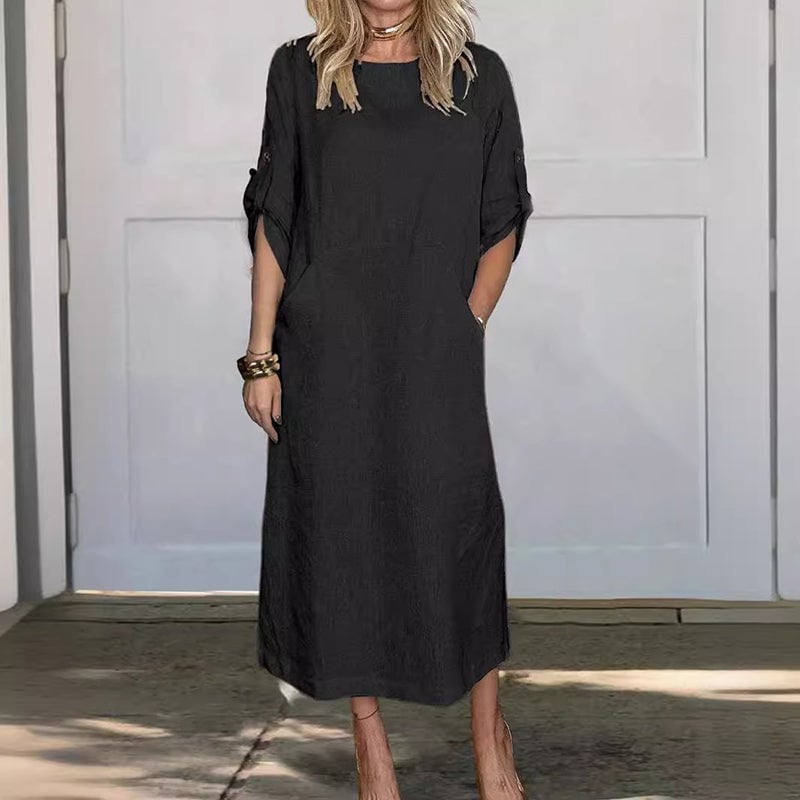 Ericka - Midi Dress Round Neck Rolled Sleeves