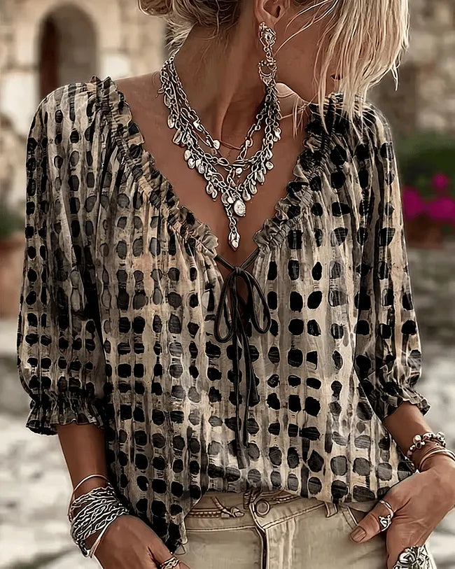 Orlyna | Polka Dot Lace Up V Neck Blouse
