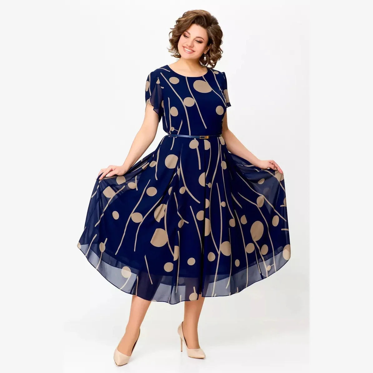 Nazeli | Midi Dress Navy Abstract Dot Short Sleeve