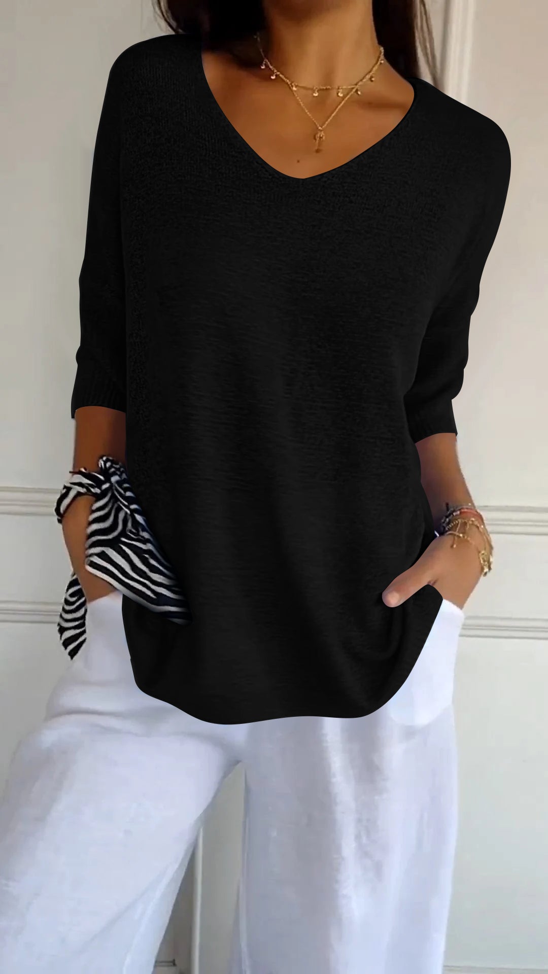 Rosal | V-Neck Knit Top 3/4 Sleeve