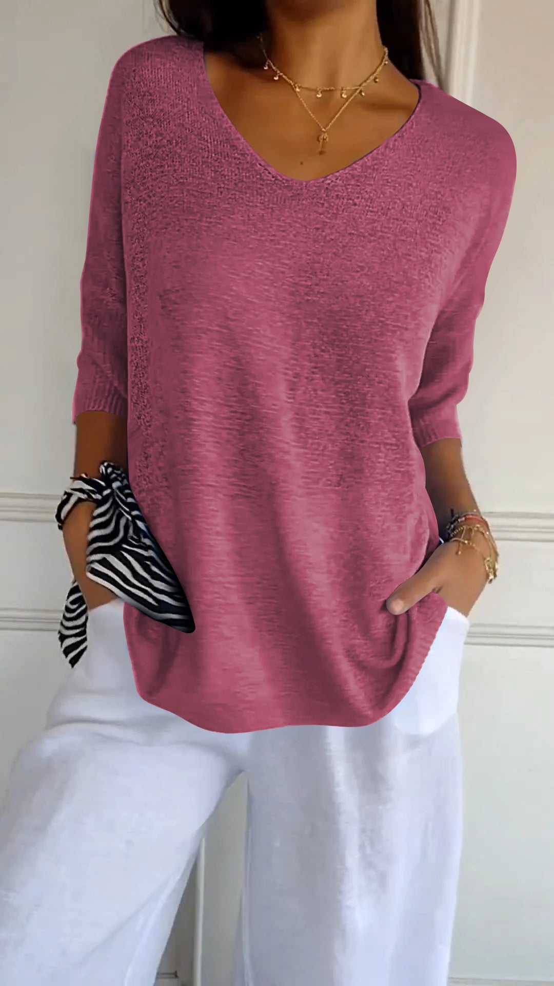 Rosal | V-Neck Knit Top 3/4 Sleeve