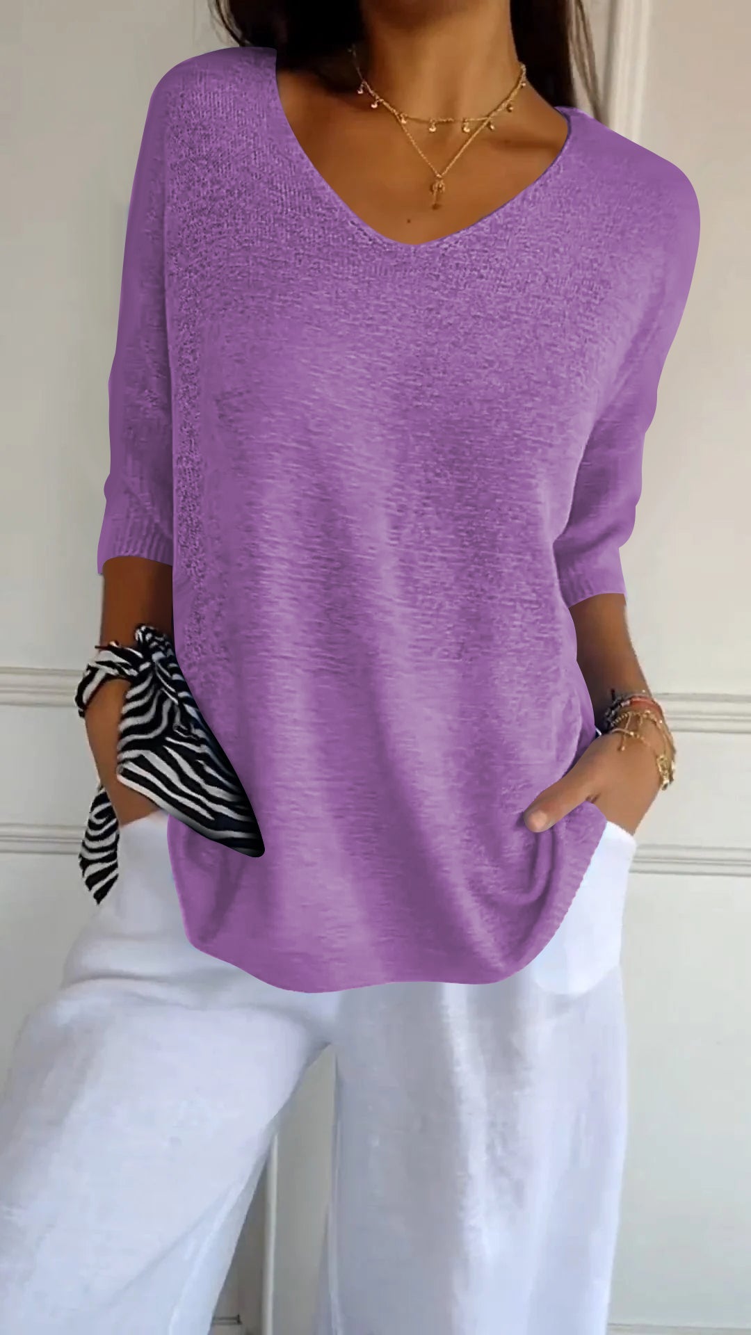 Rosal | V-Neck Knit Top 3/4 Sleeve