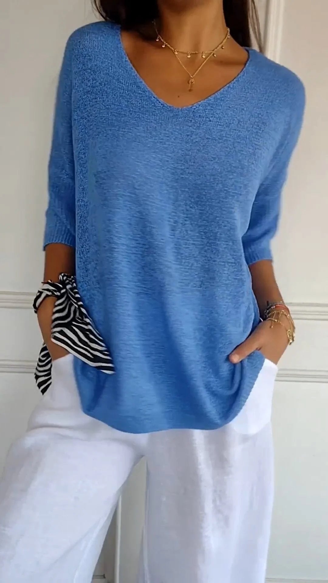 Rosal | V-Neck Knit Top 3/4 Sleeve
