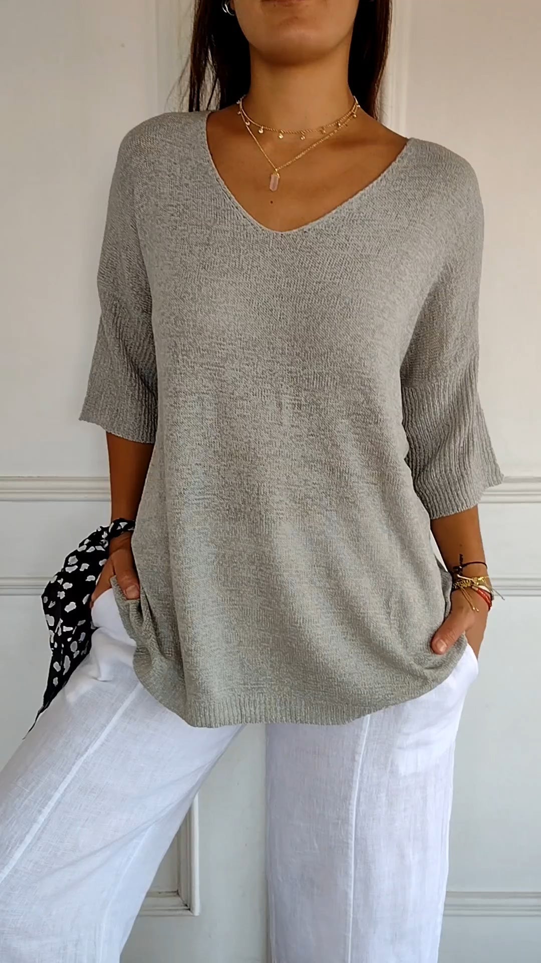 Rosal | V-Neck Knit Top 3/4 Sleeve