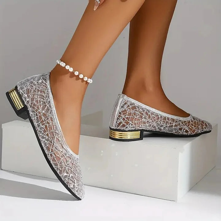 Tenley | Silver Lace Low Heel Flats