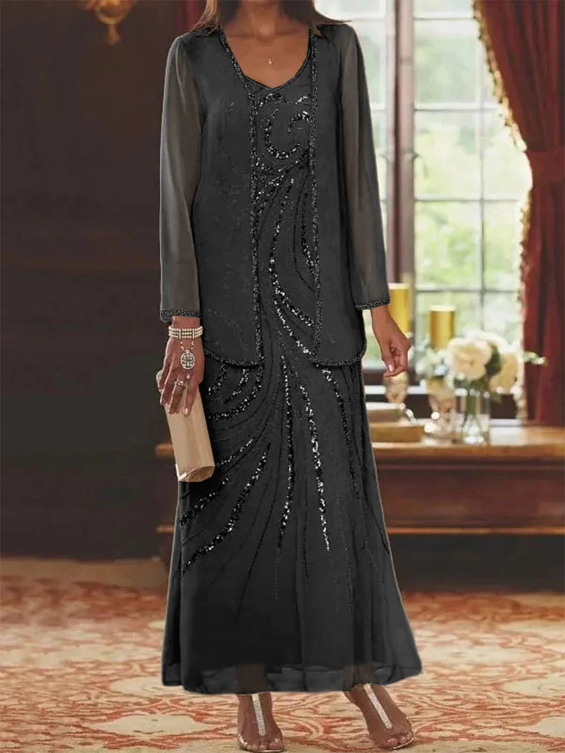 Jungmin | Chiffon Dress Set with Embellished Long Jacket