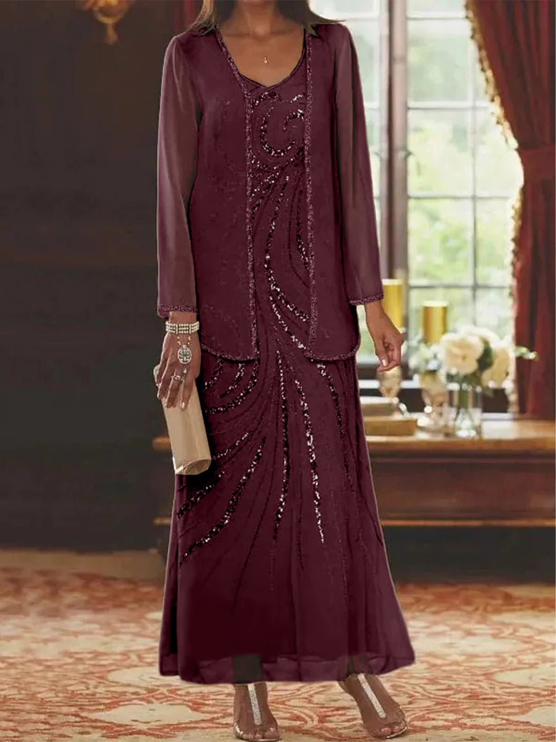 Jungmin | Chiffon Dress Set with Embellished Long Jacket
