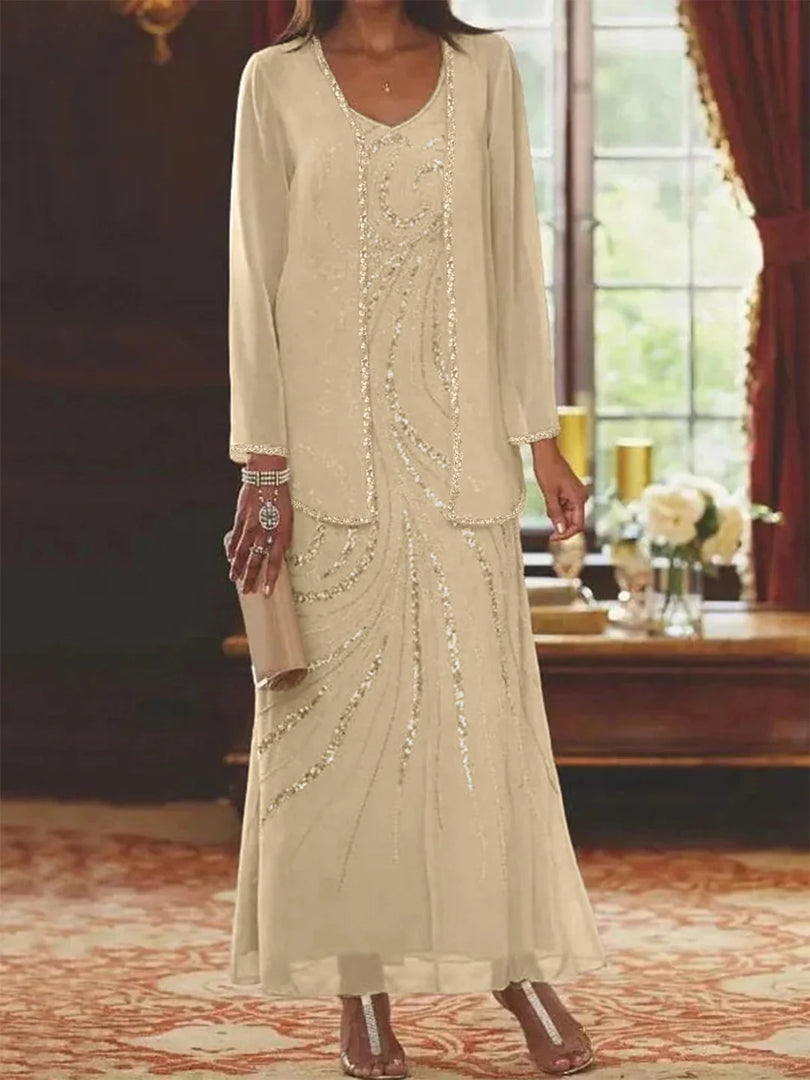 Jungmin | Chiffon Dress Set with Embellished Long Jacket
