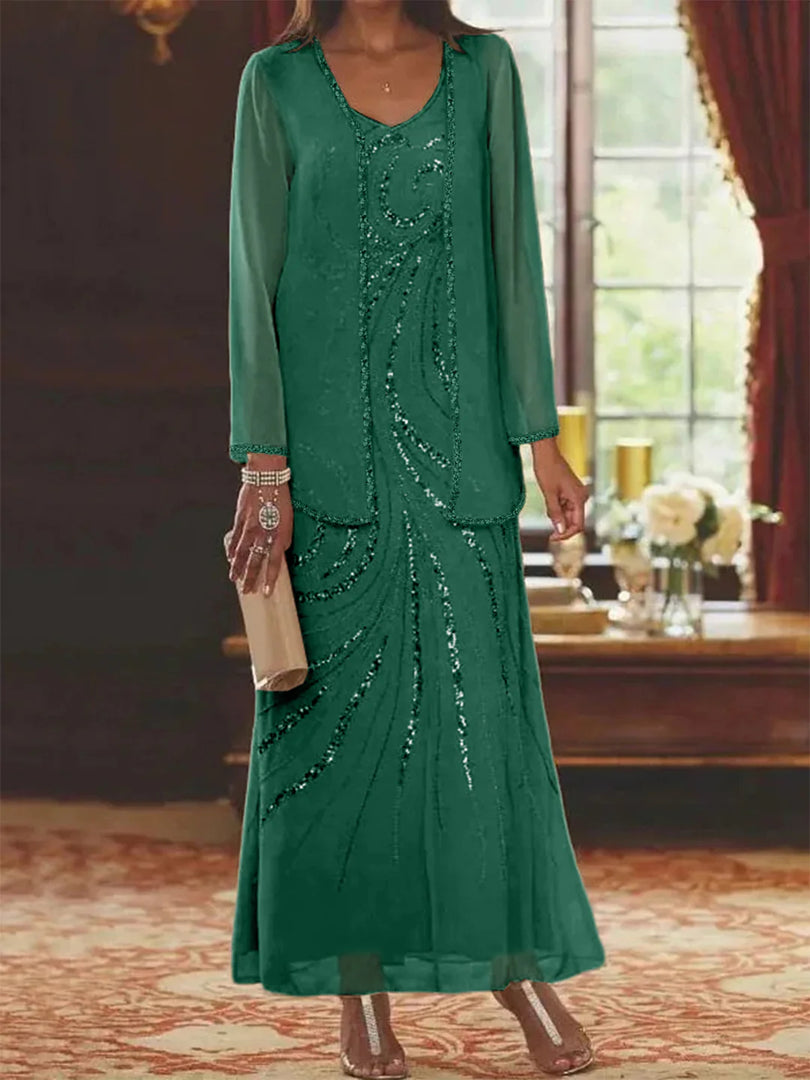 Jungmin | Chiffon Dress Set with Embellished Long Jacket