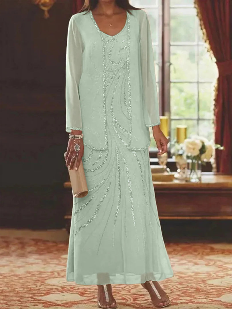 Jungmin | Chiffon Dress Set with Embellished Long Jacket