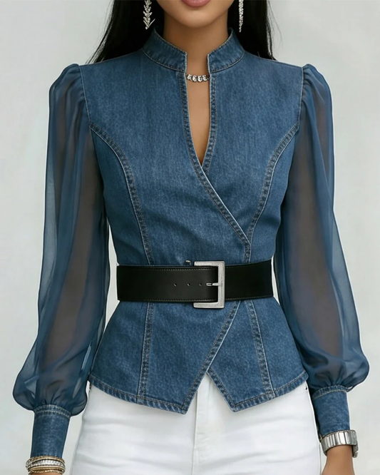 Vessa | Denim-Style Sheer Sleeve Belted Blouse