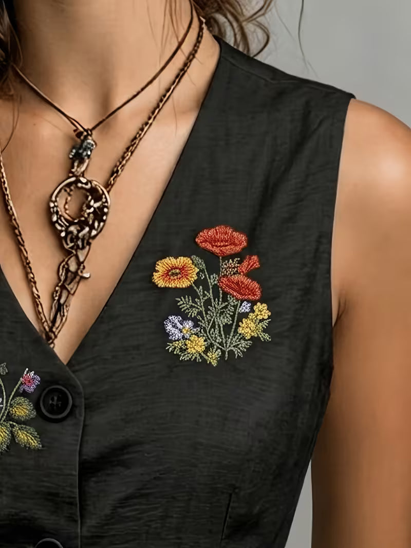 Elena | Embroidered Sleeveless Linen Vest