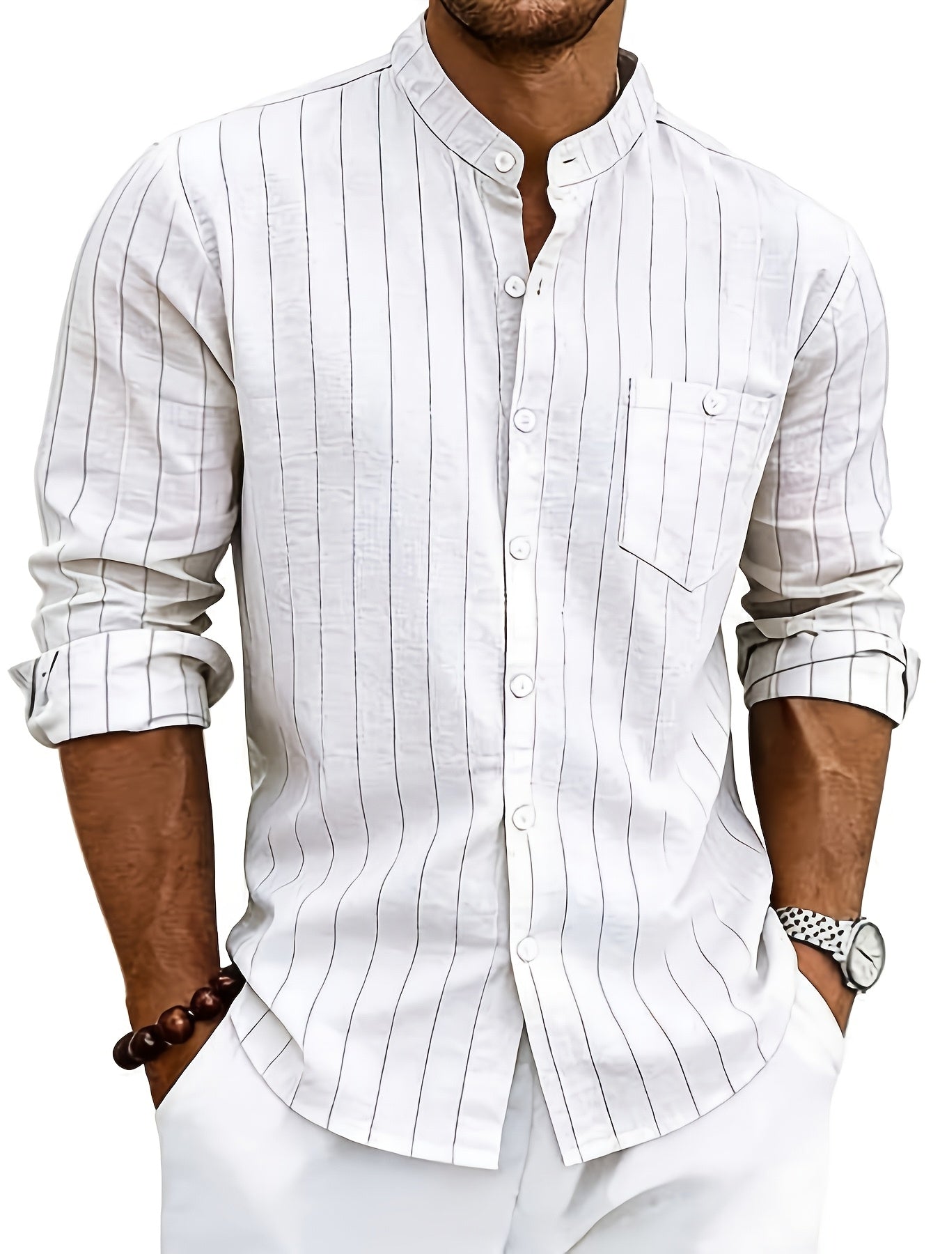 Leslie | Striped Band Collar Button Shirt