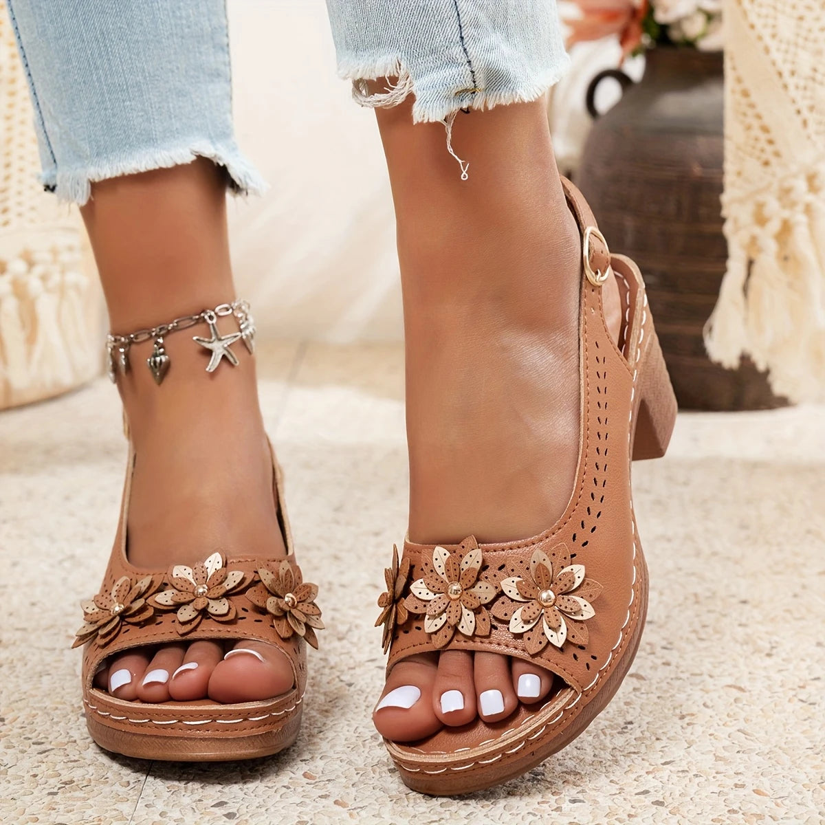 Haisley | Sandals Floral Slingback Block Heel