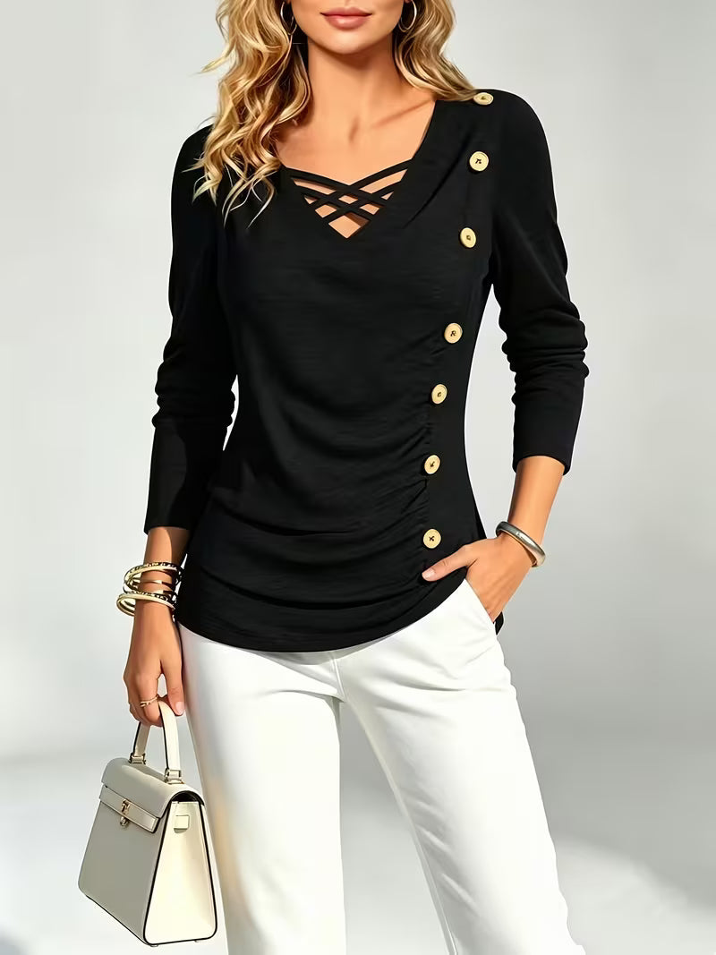 Keziana | Top V Neck Criss Cross Button Trim