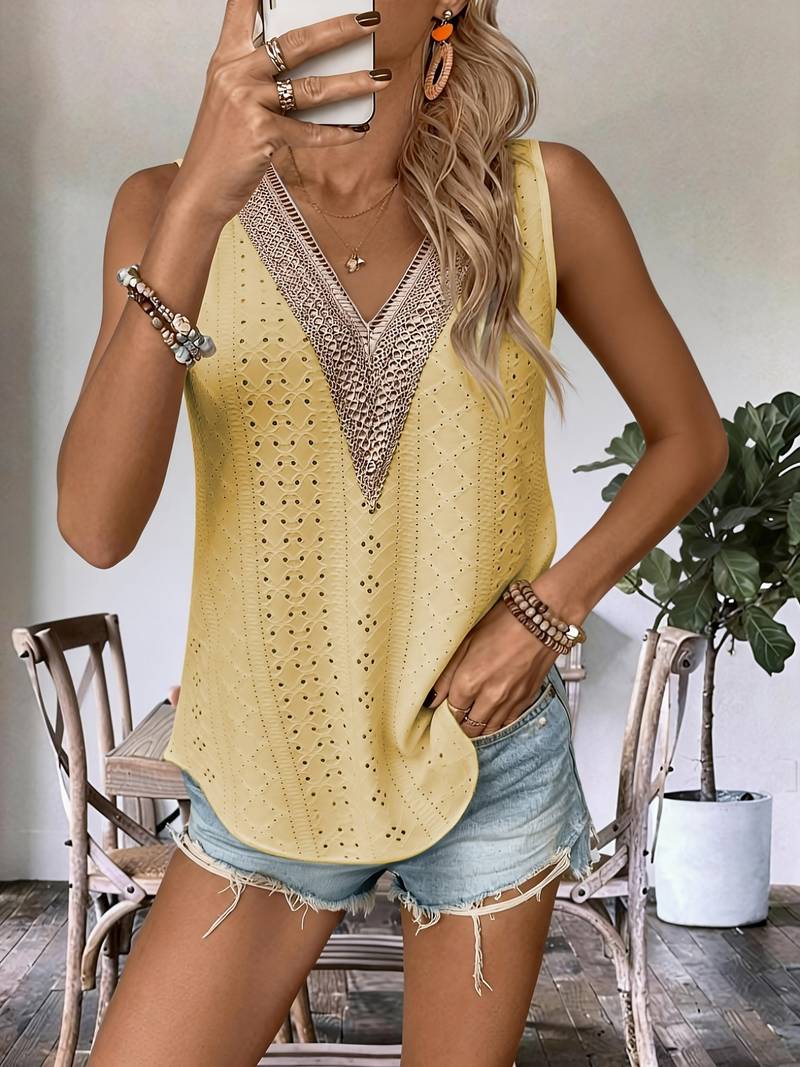 Lavinia | Sleeveless V Neck Eyelet Trim Top