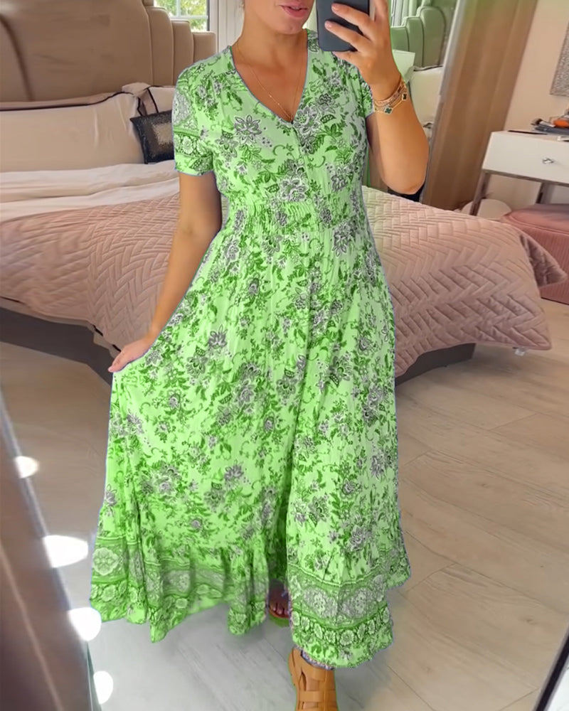 Wibia | Floral Print V-Neck Button Front Midi Dress With Short Sleeves