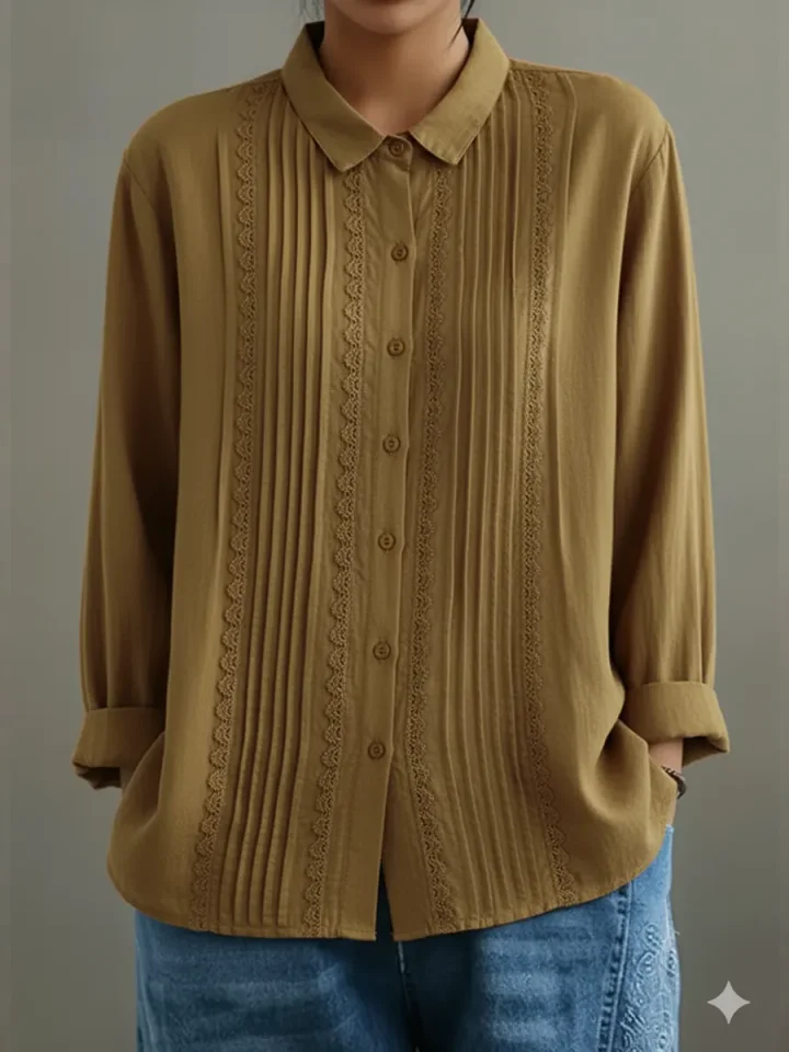 Tzurya | Long Sleeve Pleated Lace Panel Blouse