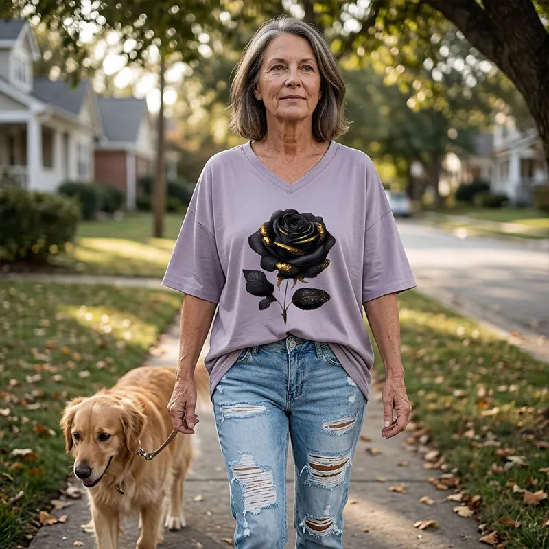 Aijia | V-Neck Rose Print Relaxed T-Shirt
