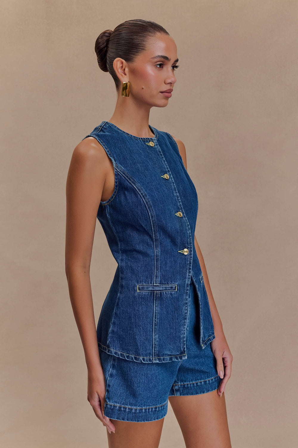 Vespera | Sleeveless Peplum Top and Shorts Set Denim