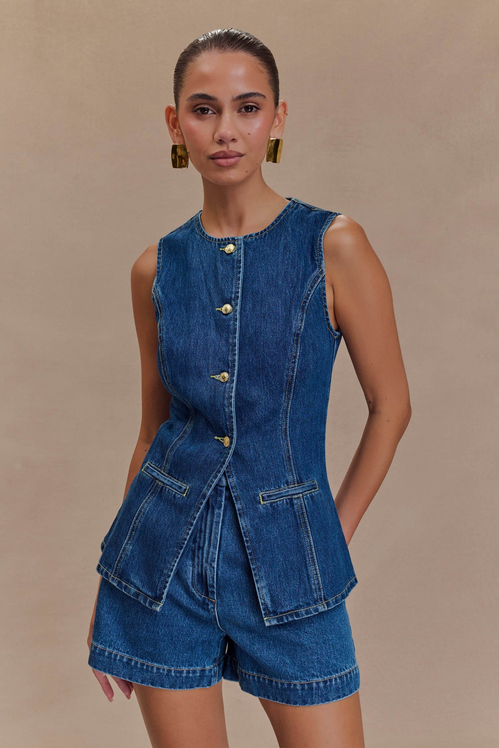 Vespera | Sleeveless Peplum Top and Shorts Set Denim