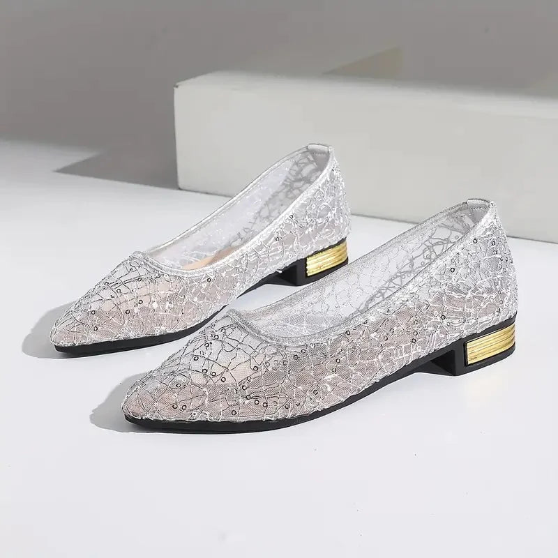 Tenley | Silver Lace Low Heel Flats