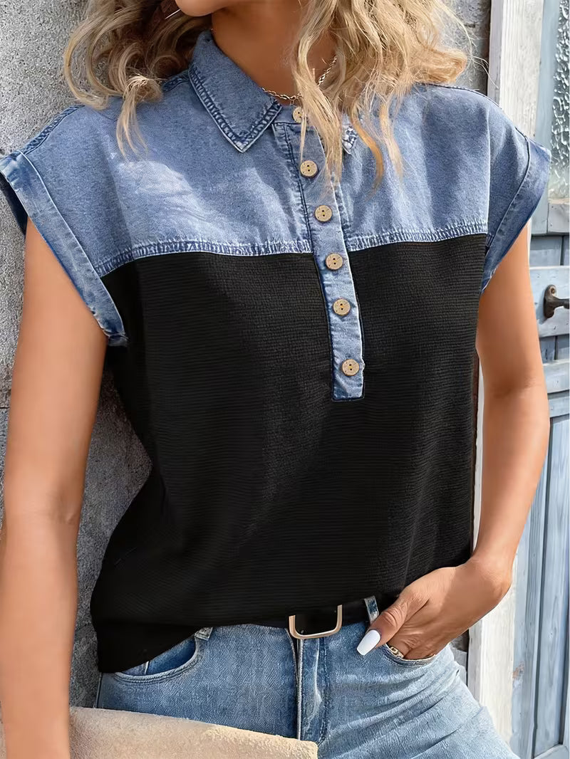 Haily | Cap Sleeve Button Front Collared Top