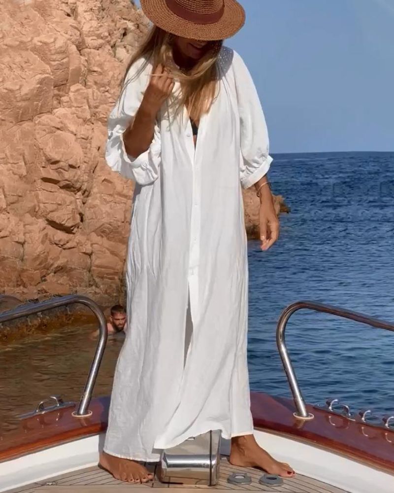 Reena | Dress White Long Sleeve Button Front