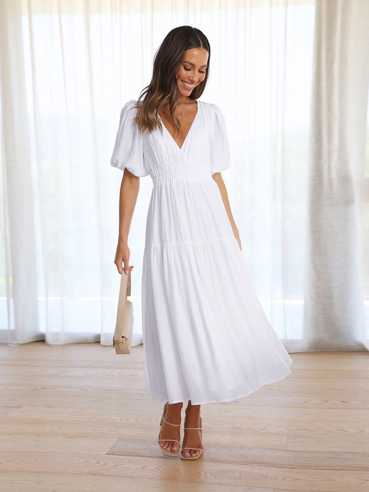 Delphine | Midi Dress With V Neck Puff Sleeves