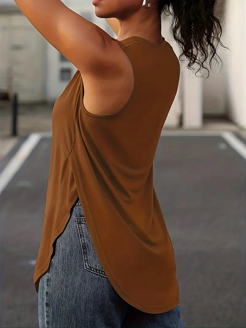 Desirae | Sleeveless Round Neck Curved Hem Top
