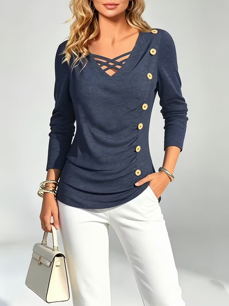 Keziana | Top V Neck Criss Cross Button Trim