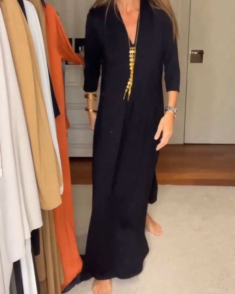 Deynia | V Neck Three Quarter Sleeve Maxi Dress