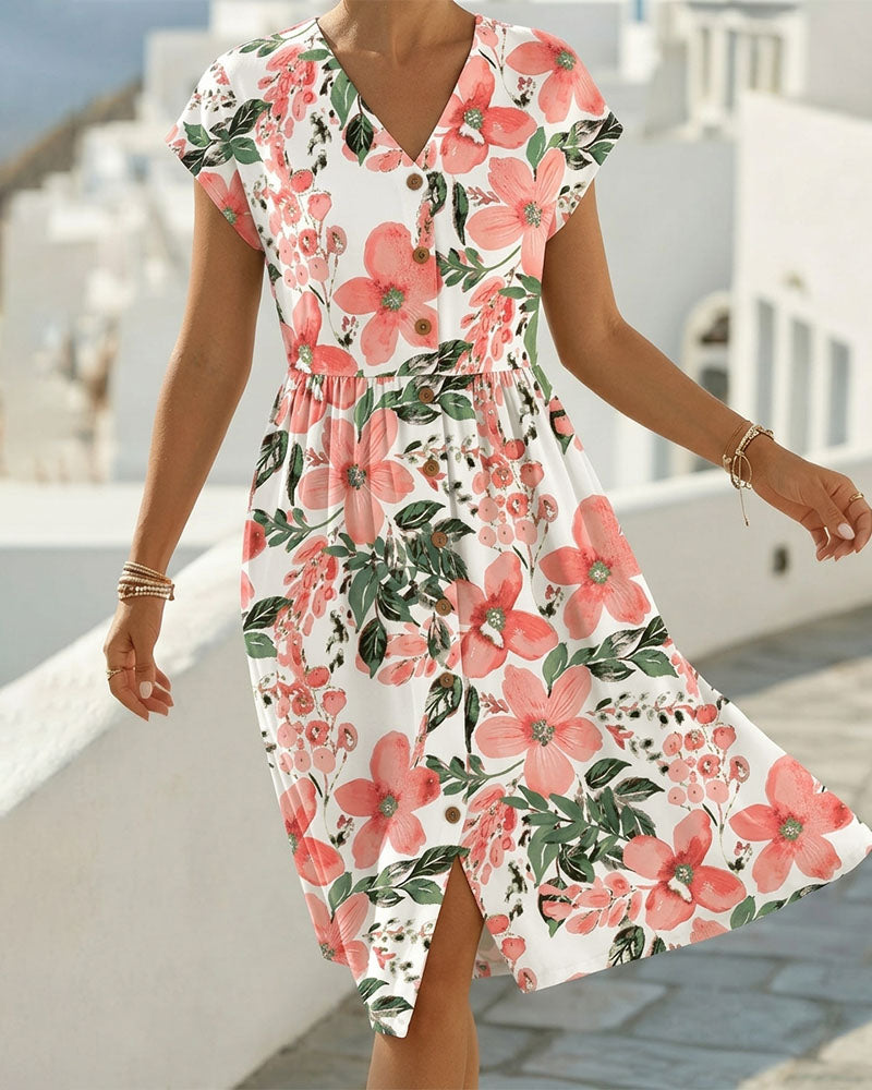 Sinera - Floral Print V Neck Midi Dress