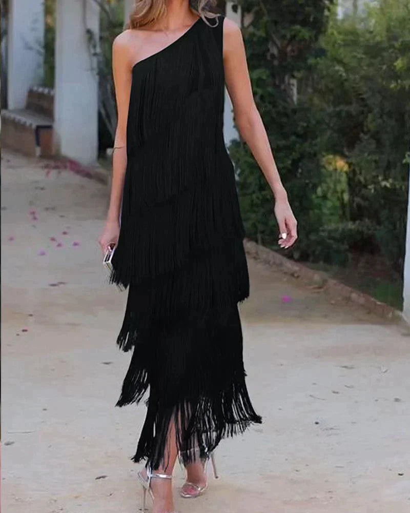 Mirella | One Shoulder Fringe Tiered Maxi Dress