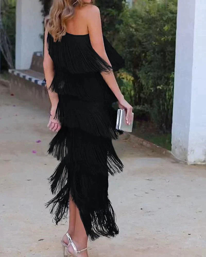 Mirella | One Shoulder Fringe Tiered Maxi Dress