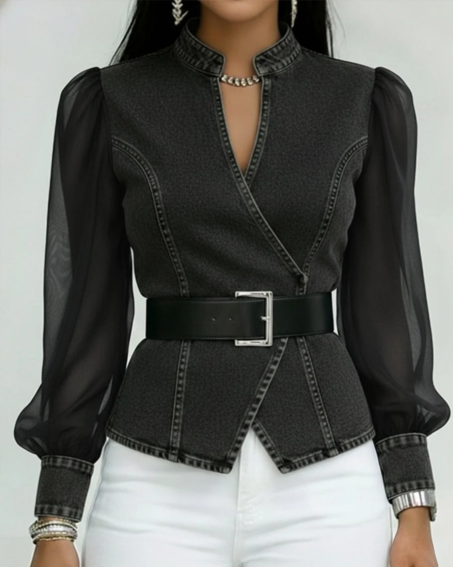 Vessa | Denim-Style Sheer Sleeve Belted Blouse