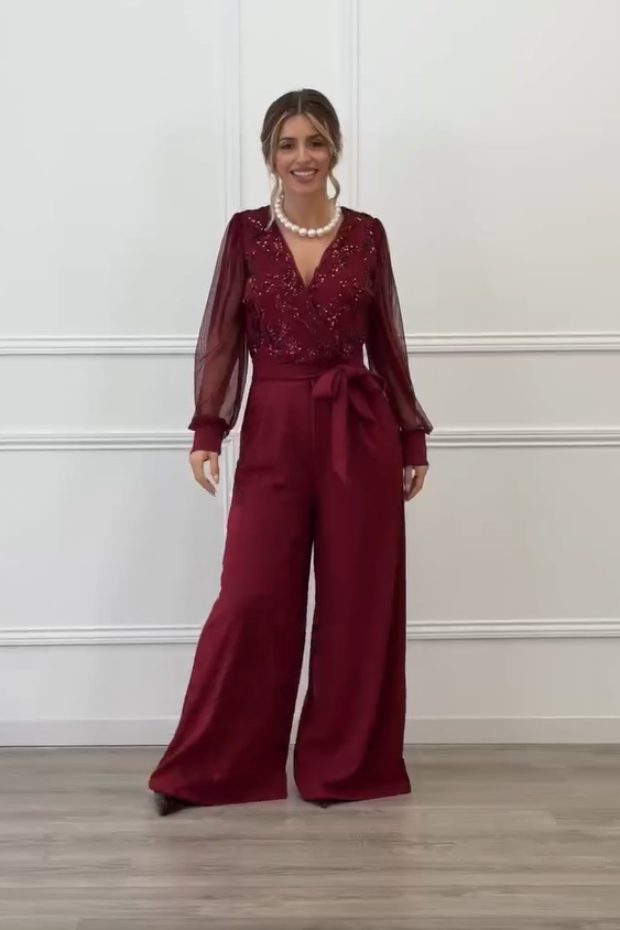 Meira - Mesh Sleeve Embellished Wide Leg Jumpsuit