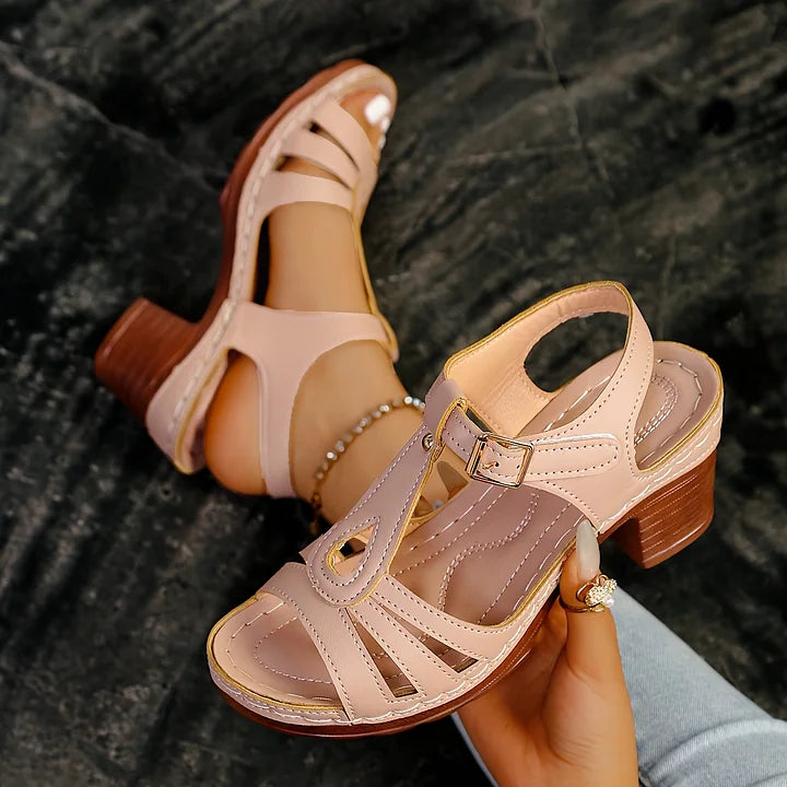 Leanna - Block Heel T Strap Buckle Sandals