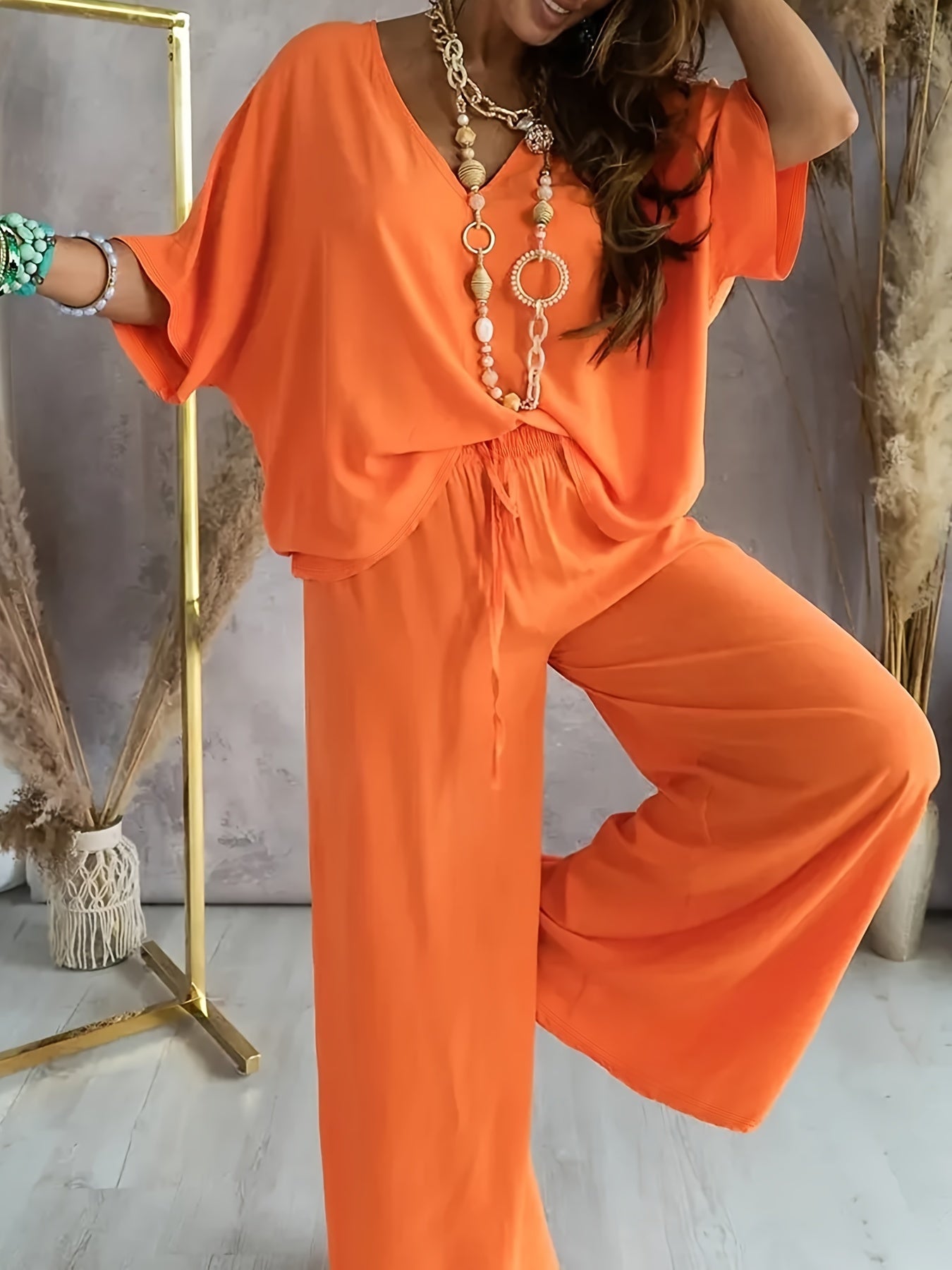Essime | V Neck Wide Leg Two-Piece Set