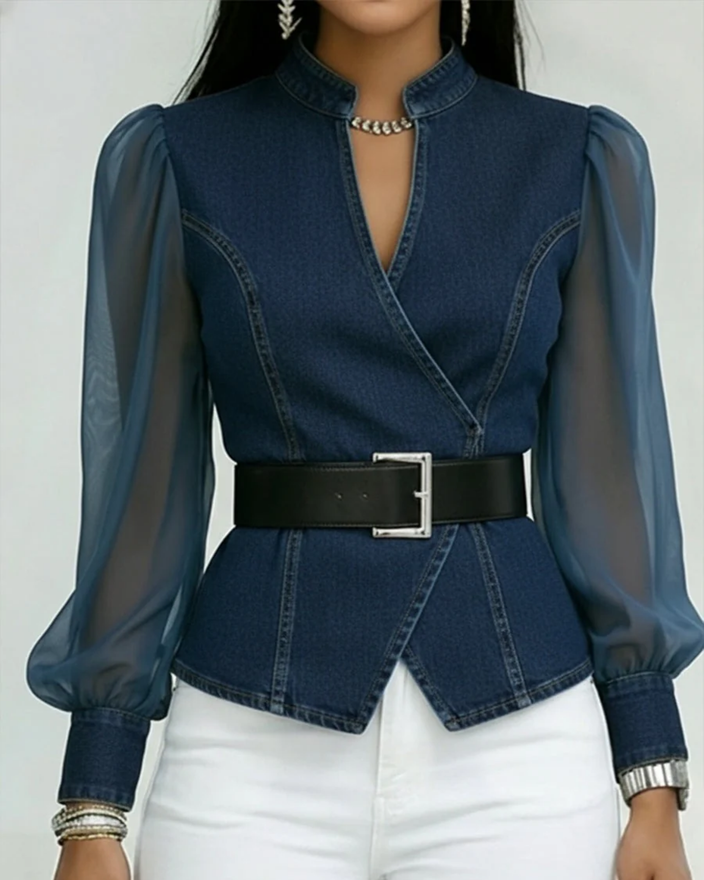 Vessa | Denim-Style Sheer Sleeve Belted Blouse