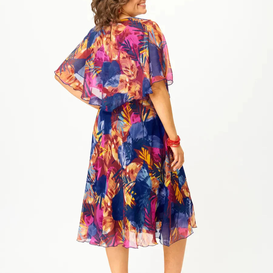 Catarina | Floral Print Layered Sleeve Midi Dress