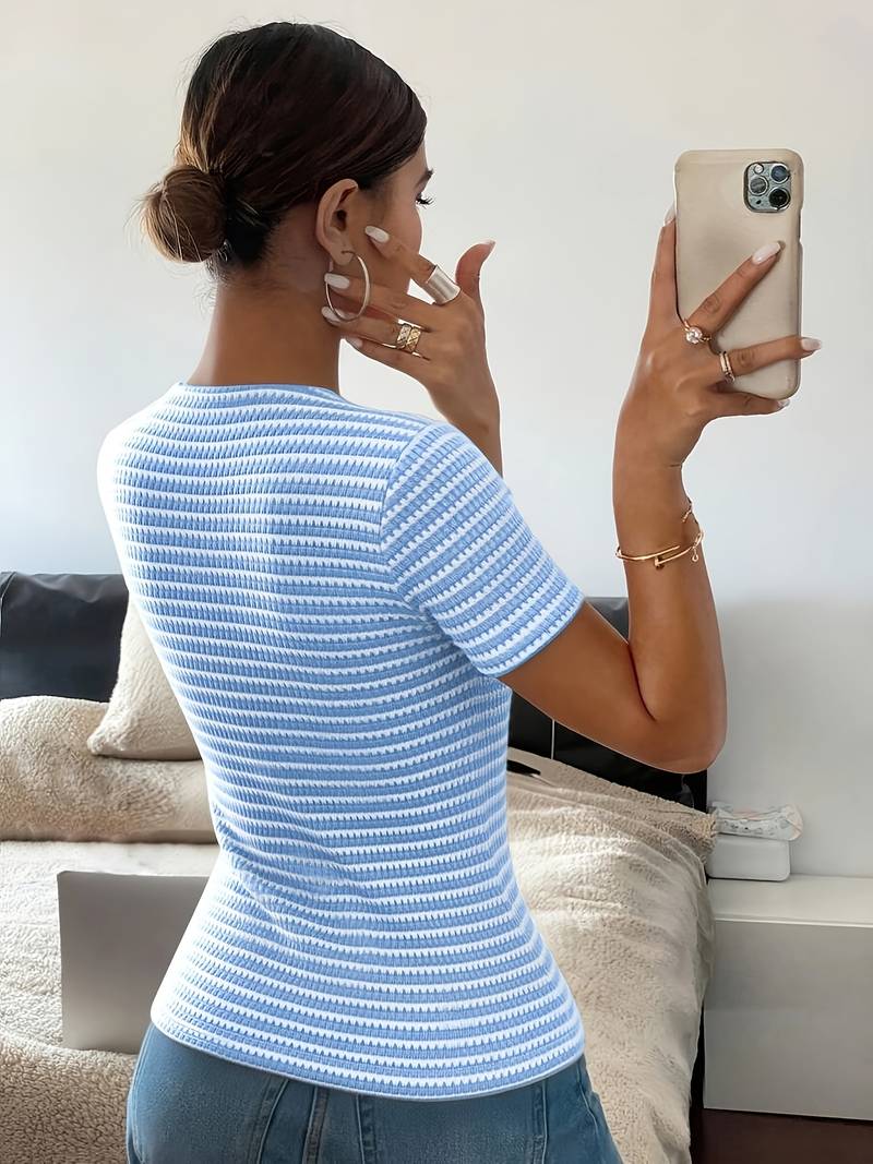 Airam | Short Sleeve Striped Square Neck Top