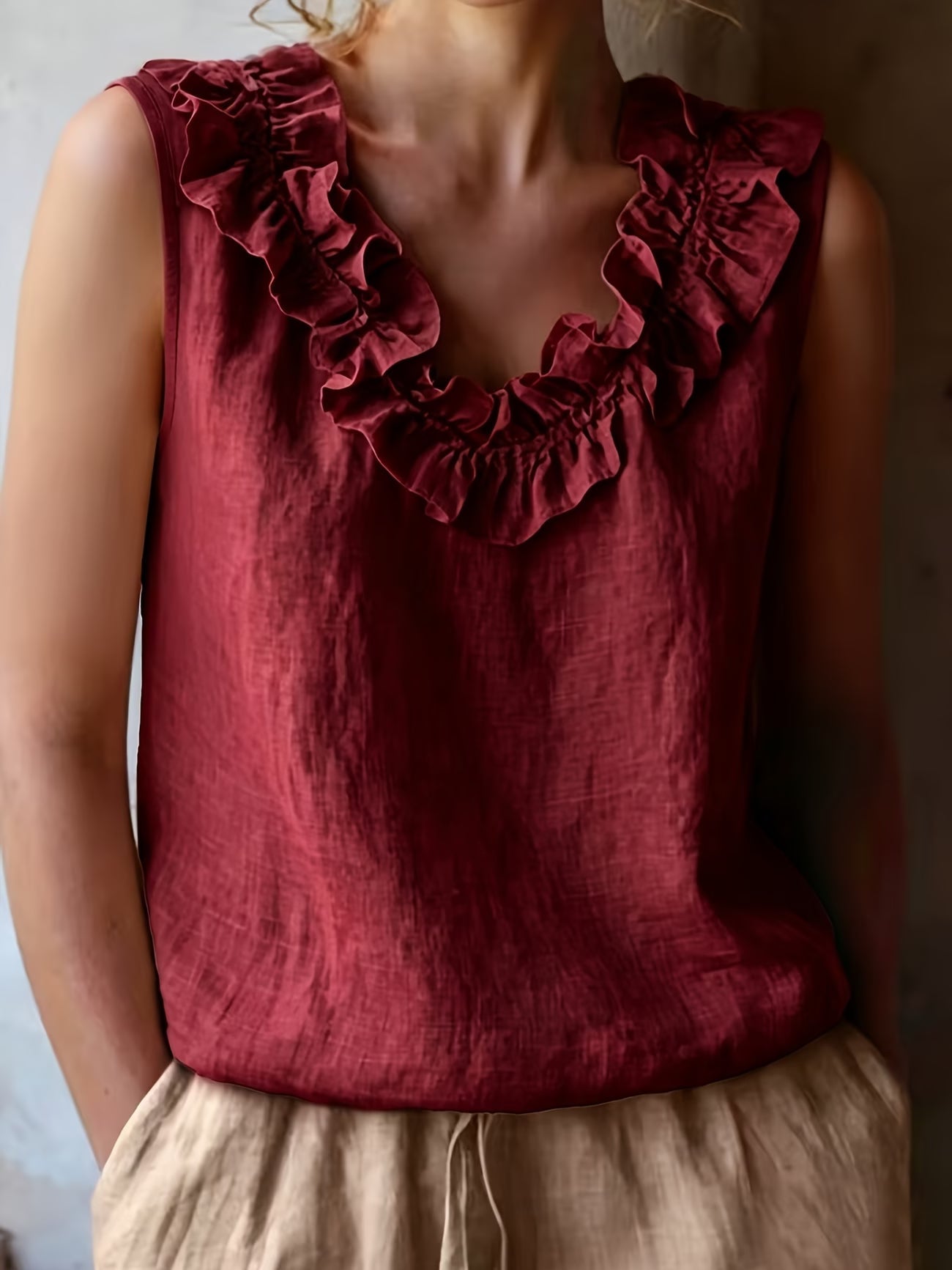 Safiya | Sleeveless Ruffle Neck Relaxed Blouse