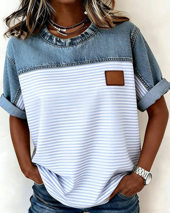 Tessie | Striped Panel Denim-Style Short Sleeve Blouse