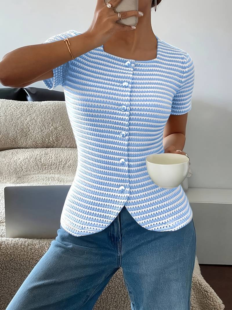 Airam | Short Sleeve Striped Square Neck Top