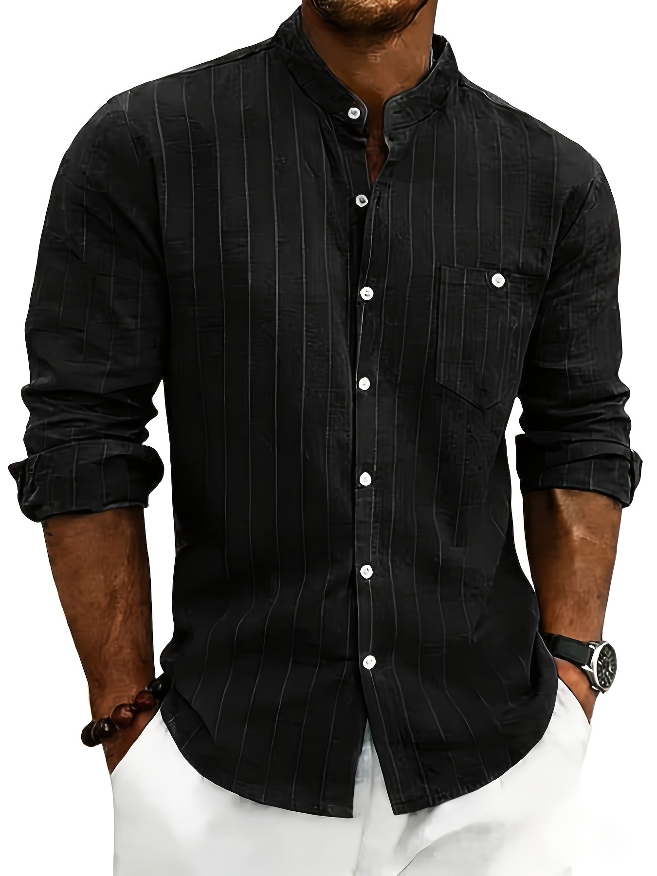 Leslie | Striped Band Collar Button Shirt